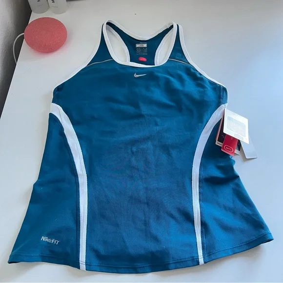 Nike Fit Dry Teal and White Tank Razor back with Bra NWT - Picture 1 of 9